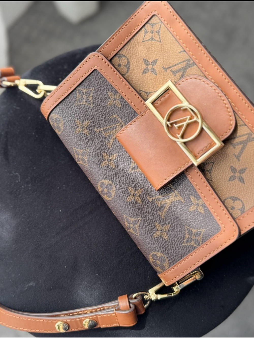 Brown Monogram Crossbody Bag with Leather Trim